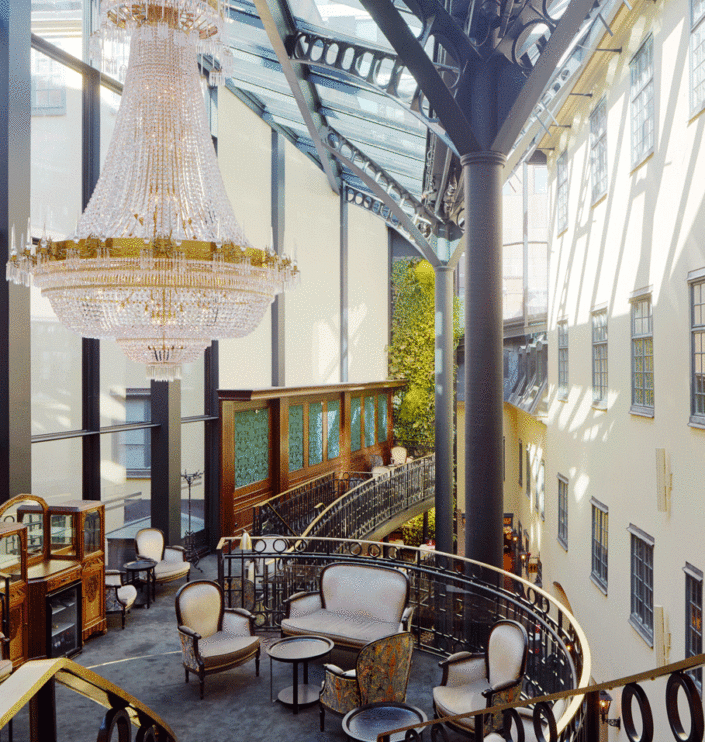 Champagne Bar with crystal chandelier and glass roof atrium, Hotel Kungsträdgården Stockholm